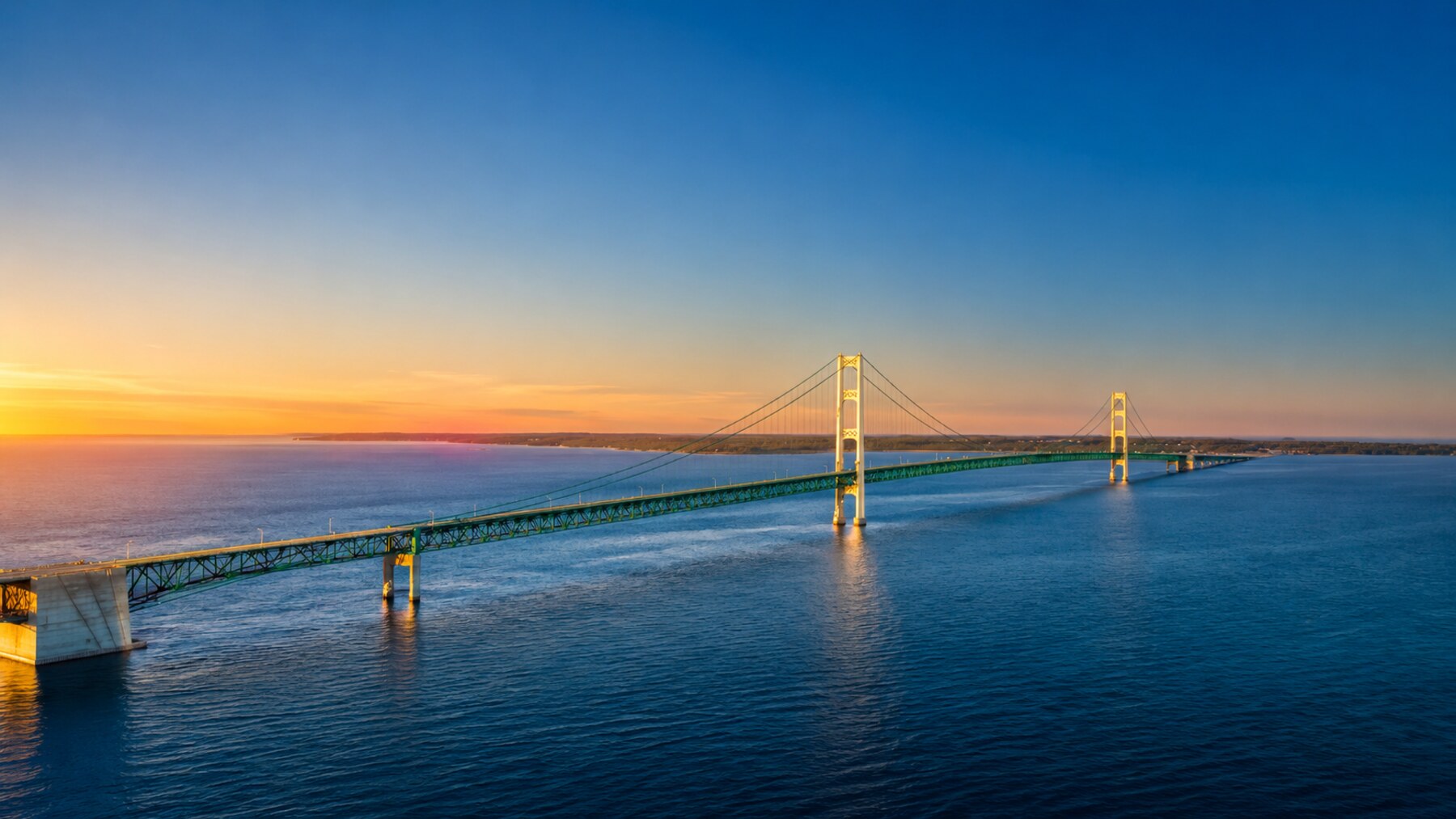 Mackinac Bridge over the water at sunset